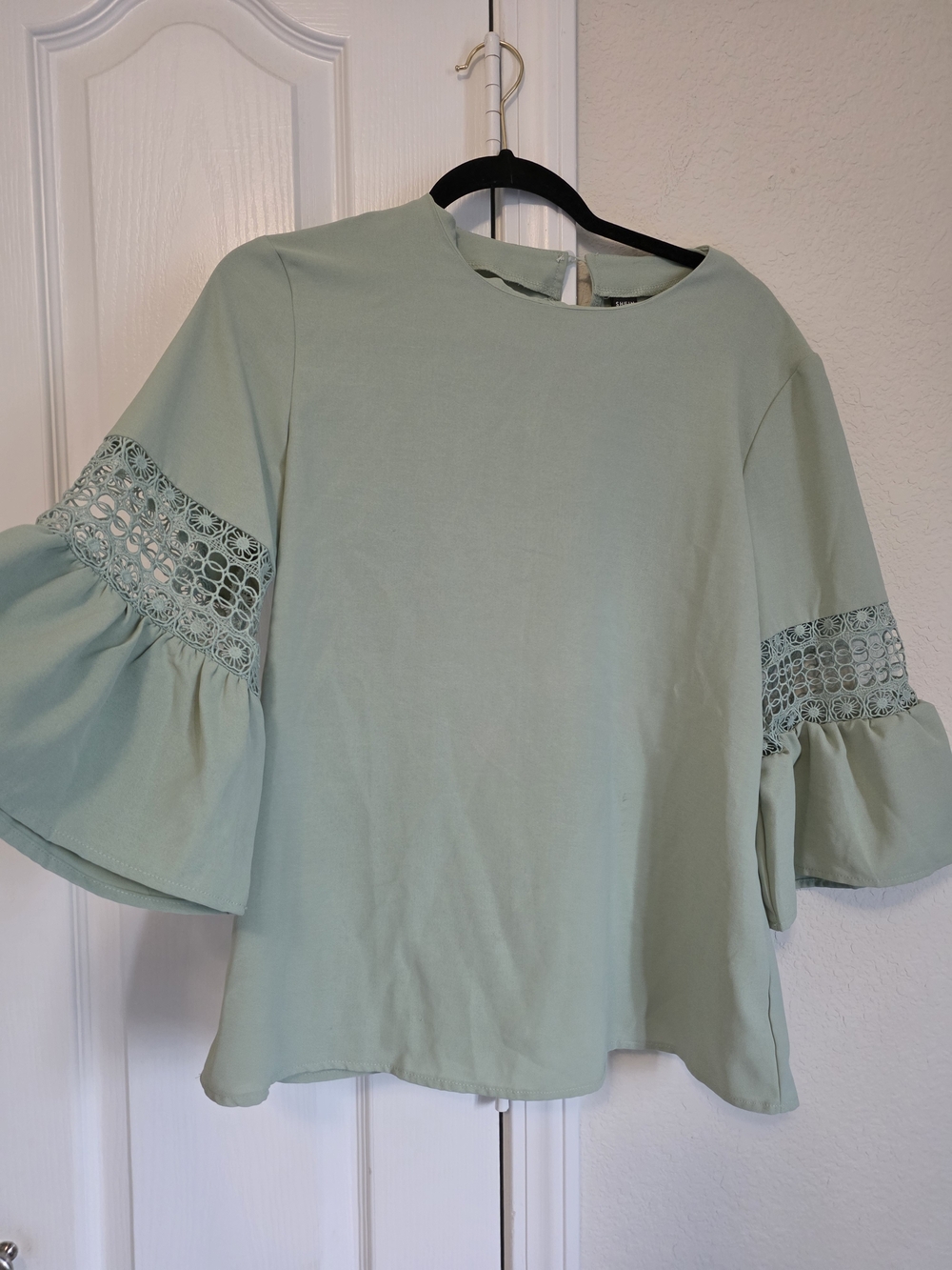 SHEIN Sage Green Bell Sleeve Blouse with Lace Insets